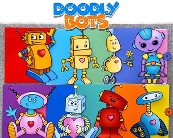 Puede incluir: Conjunto de ocho tarjetas de cumpleaños de robots coloridos con elementos extraíbles. Las tarjetas presentan una variedad de diseños de robots con corazones y otros detalles. Las tarjetas están etiquetadas como "Doodle Bots Interactive Pull-Out Birthday Cards".