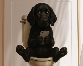 Black Labrador Wall Art - Funny Dog Bathroom Decor - Labrador on Toilet Poster - Quirky Gift for Dog Lovers - Labrador Gifts Humour Print