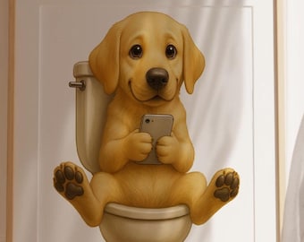May include: A framed print features a golden Labrador Retriever puppy sitting on a toilet, engrossed in a smartphone. The artwork has a light beige color palette, with the dog's fur and the toilet matching tones. The image is set against a white background.