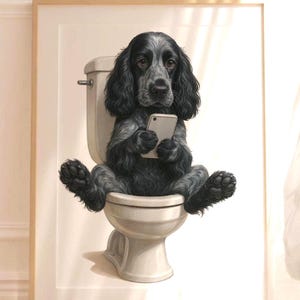 Może przedstawiać: Oprawiony wydruk przedstawiający czarno-szarego spaniela siedzącego na białej toalecie, wpatrującego się w smartfon. Pies jest przedstawiony ze szczegółami sierści i wyrazistymi oczami, dodając dziełu humoru. Wydruk ma białe tło.