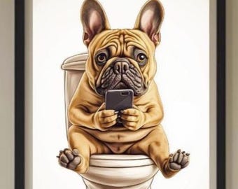 May include: Framed artwork featuring a cartoon French Bulldog sitting on a toilet, engrossed in a smartphone. The dog is tan with a wrinkled face and large ears. The toilet is white, set against a white background with a tiled floor.