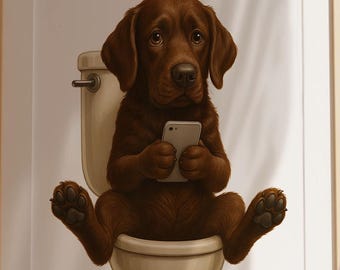 Labrador Gift - On the Loo – Funny Dog Bathroom Art Print – Labrador Chocolate Retriever Wall Decor – Dog Lover Gift – Chocolate Lab Toilet