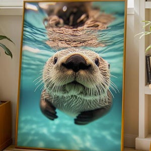 Impresión artística de pared para baño con nutria submarina, póster realista de vida silvestre, decoración de pared de animales oceánicos, amante de las nutrias