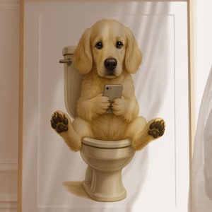 Light Golden Retriever Toilet Wall Art - Funny Bathroom Print - Dog on Loo Looking at Phone - Retriever Lover Gift - Quirky Dog Decor
