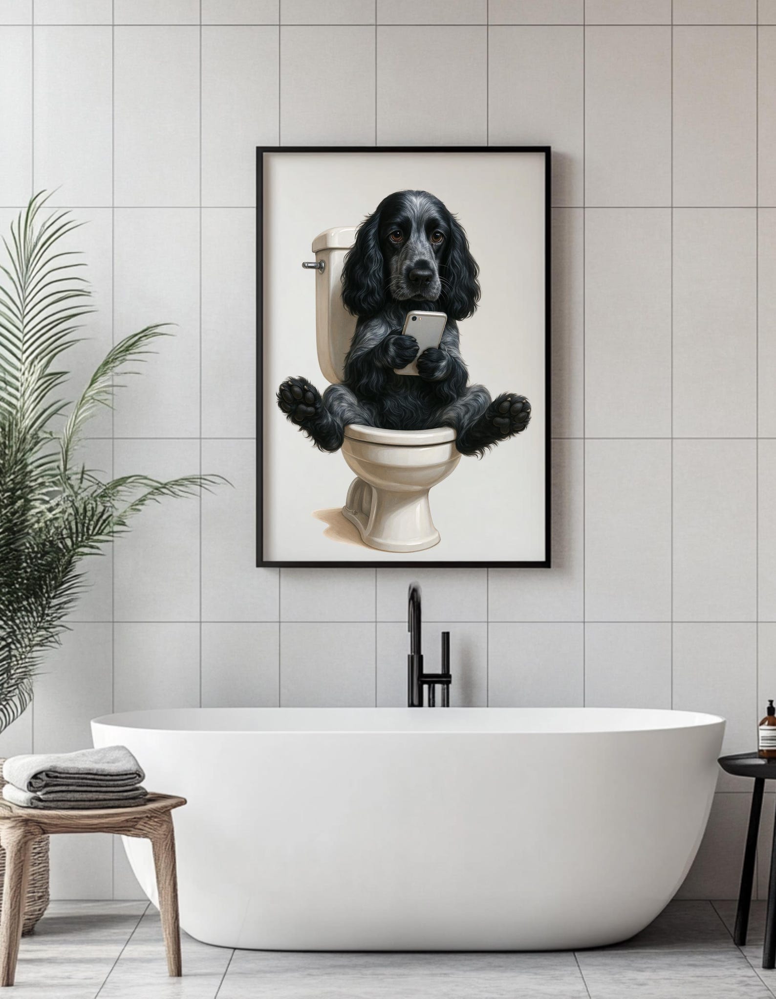 Black Cocker Spaniel Wall Art – Funny Dog Bathroom Print – Spaniel on ...