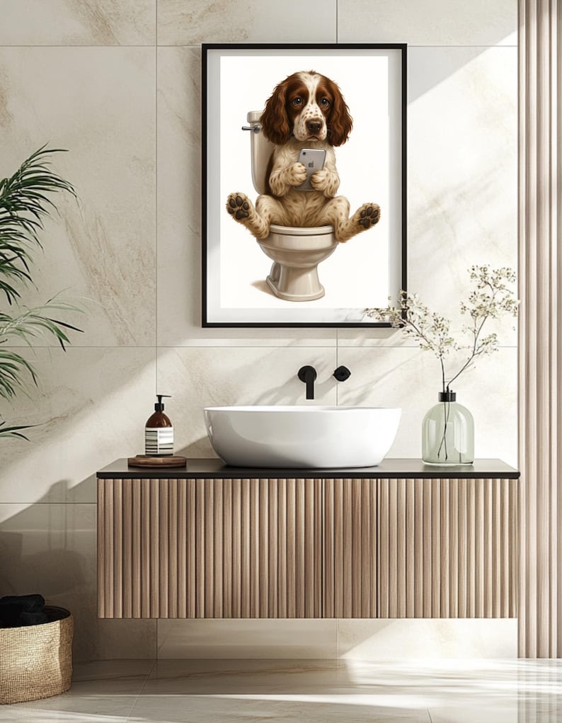 Black Cocker Spaniel Wall Art – Funny Dog Bathroom Print – Spaniel on ...