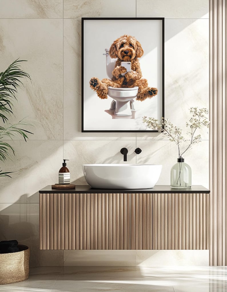 Cockapoo On The Loo Funny Dog Art Print - Cockapoo Bathroom Decor - Dog Lover Gift - Cute Cockapoo Poster - Quirky Pet Wall Art