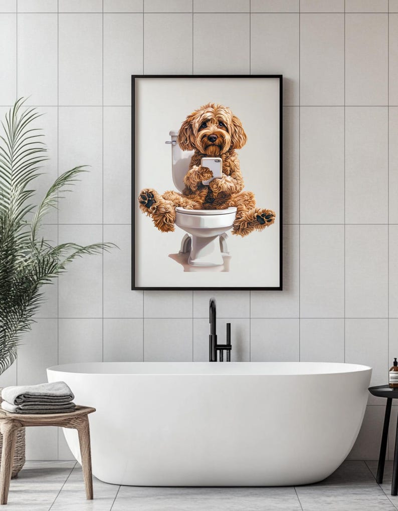 Cockapoo On The Loo Funny Dog Art Print - Cockapoo Bathroom Decor - Dog Lover Gift - Cute Cockapoo Poster - Quirky Pet Wall Art