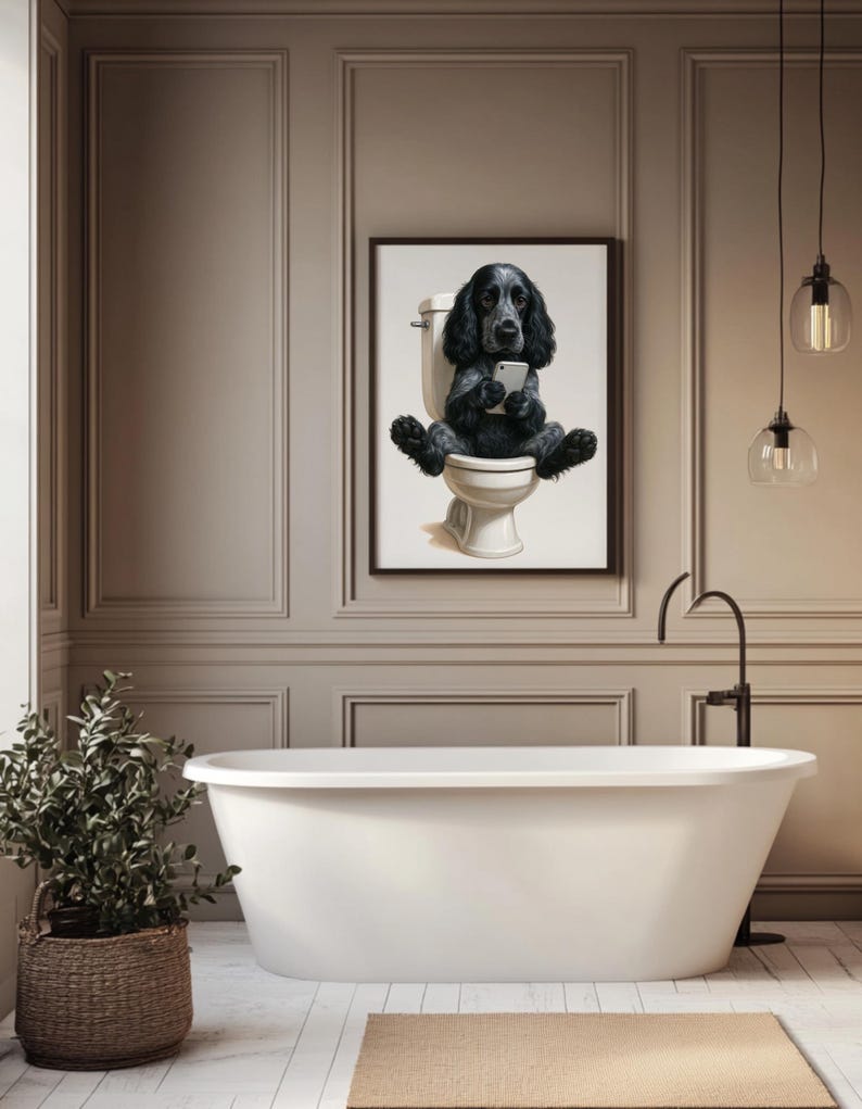 Black Cocker Spaniel Wall Art – Funny Dog Bathroom Print – Spaniel on ...