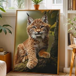 Lince sobre roca - Arte mural de vida silvestre - Impresión rústica de animales - Regalo para amantes de la naturaleza - Decoración del hogar con temática de bosque
