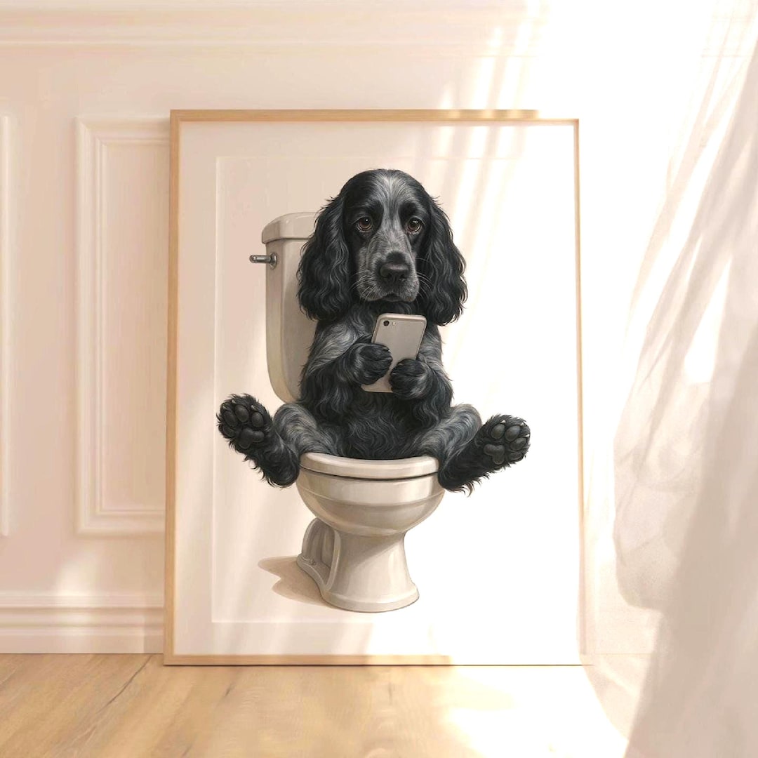 Black Cocker Spaniel Wall Art – Funny Dog Bathroom Print – Spaniel on ...