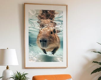 Capybara Wall Art Underwater Bathroom Decor Digital Download Cute Capybara Gift for Animal Lovers