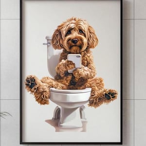 Impresión artística divertida de un Cockapoo en el baño - Decoración de baño con Cockapoo - Regalo para amantes de los perros - Póster adorable de Cockapoo - Arte mural original para mascotas