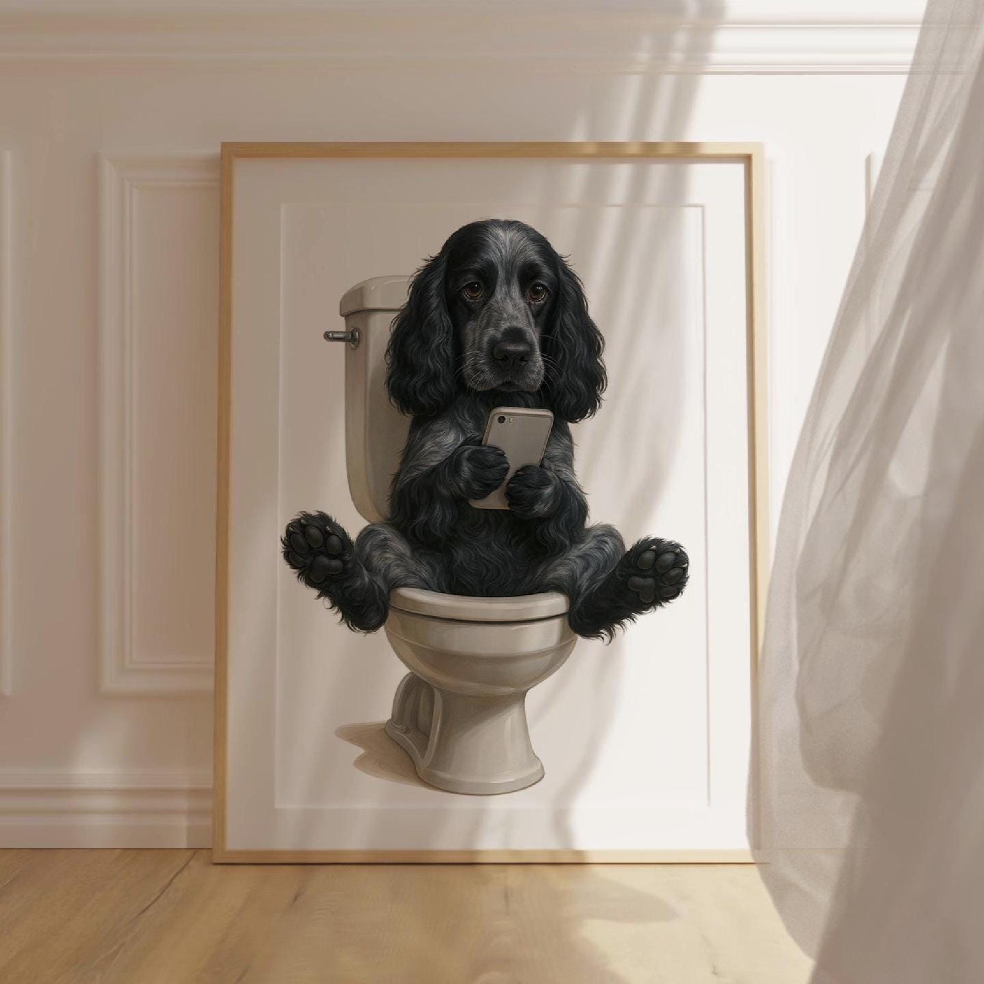 Arte mural de Cocker Spaniel Negro – Impresión divertida de perro para el baño – Spaniel en el inodoro mirando el teléfono – Regalo para amantes de los perros – Decoración original para mascotas
