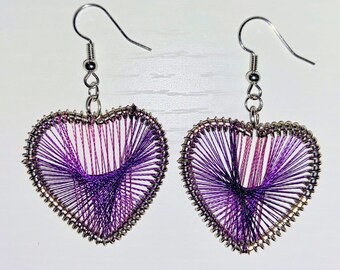 Heart Threaded Earrings, Heart Earrings, Dangling Heart Earrings, Purple Heart Earrings, Love Earrings,Thread Earrings, Valentine’s Day gift