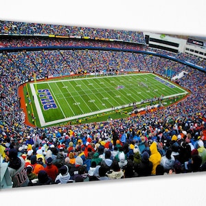 Può includere: Una vista aerea di uno stadio di football pieno con un campo verde e la parola "Bills" in blu e bianco sul campo. La folla indossa una varietà di colori, tra cui blu, rosso, giallo e verde.