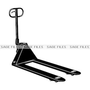 May include: Black and white silhouette of a pallet jack with a handle. The pallet jack has two wheels on each side and a platform for lifting and moving pallets.