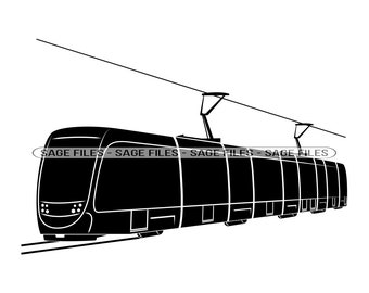 May include: A black and white silhouette of a modern tram with overhead wires. The tram has multiple windows and doors, and is on a track.