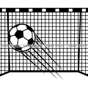 May include: A black and white illustration of a soccer ball going into a goal net. The ball is in mid-air and the net is behind it.