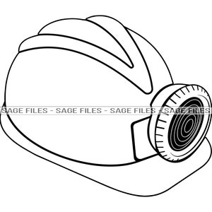 May include: A black and white line drawing of a hard hat with a headlamp. The hard hat has a rounded top and a brim. The headlamp is attached to the side of the hard hat.