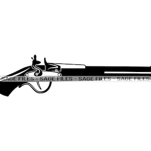 Puede incluir: Una silueta negra de una pistola de chispa vintage con un diseño detallado. La pistola tiene un mango curvo y un cañón largo.