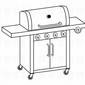 Może przedstawiać: Czarno-biały rysunek grilla gazowego z czterema palnikami, stołem bocznym i dwoma drzwiami. Grill ma koła i uchwyt.