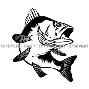 以下が含まれることがあります： 口を開けて上を向いている魚の白黒シルエット。魚は背中に背びれ、側面にひれがあります。魚は上に向かって泳いでいます。