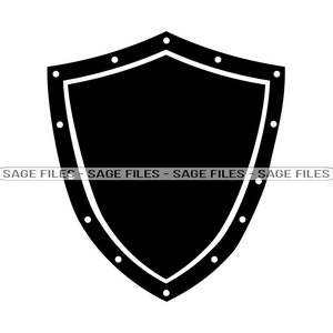 May include: A black shield with a white outline and decorative studs. The shield is a common symbol of protection.