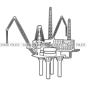 May include: Black and white line drawing of an offshore oil rig with multiple platforms and cranes.