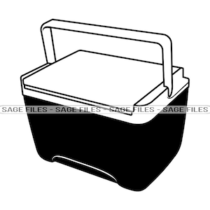 May include: A black and white line drawing of a cooler with a handle on top. The cooler is a simple design with a rectangular body and a rounded top.