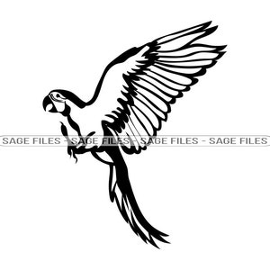 May include: Black and white silhouette of a parrot with its wings spread out. The parrot is facing to the left and has a long tail.