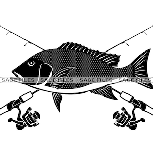 May include: Black and white silhouette of a fish with two crossed fishing rods and reels. The fish is facing left and the rods are crossed behind it.