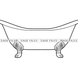 Puede incluir: Un dibujo en blanco y negro de una bañera con patas de garra y un diseño decorativo en los pies.
