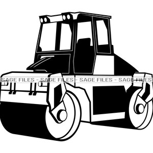 May include: Black and white illustration of a road roller, a heavy construction vehicle with a large drum used to compact asphalt or other materials.