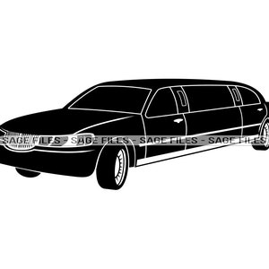 May include: Black and white silhouette of a limousine. The car is facing the left side of the image. The car has a long body and a large trunk. The car has a driver's side door open.