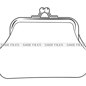 May include: A black and white line drawing of a simple coin purse with a clasp.