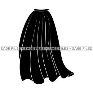 May include: A black silhouette of a long, flowing skirt with a gathered waistband.