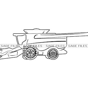 Może przedstawiać: Czarno-biały rysunek kombajnu zbożowego, dużej maszyny rolniczej używanej do zbiorów.
