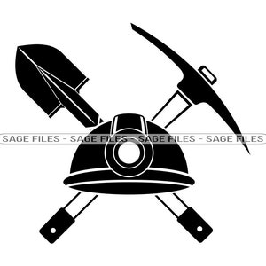 May include: Black and white silhouette of a miner's helmet, pickaxe, and shovel crossed over each other.