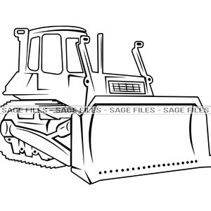Op de afbeelding: Zwart-witte lijntekening van een bulldozer. De bulldozer heeft een grote schep en een cabine met een raam. De bulldozer staat op een witte achtergrond.
