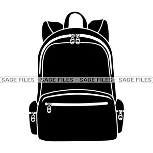 May include: Black silhouette of a backpack with two zippered pockets and a top handle.