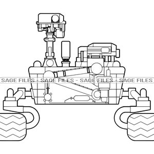 May include: Line drawing of a rover with a robotic arm, wheels, and a detailed internal mechanism. The rover is designed for exploration and research.