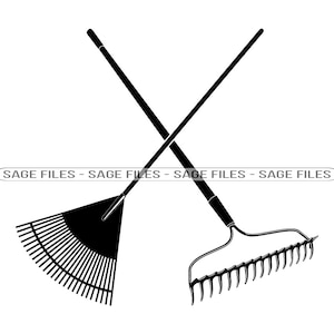 May include: Two black metal rakes crossed over each other. The rakes have wooden handles.