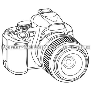 May include: A black and white line drawing of a digital camera with a large lens. The camera has a variety of buttons and dials.