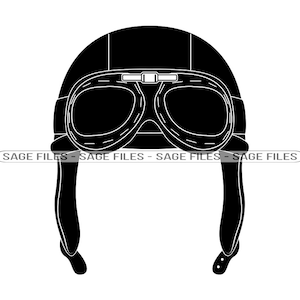 May include: Black and white silhouette of a vintage leather motorcycle helmet with goggles.
