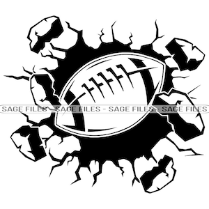 May include: Black and white illustration of a football breaking through a cracked wall. The football is in the center of the image and is facing the viewer.