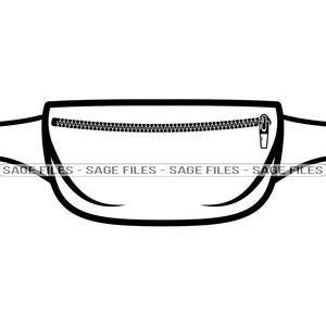 May include: A black and white illustration of a fanny pack. The bag has a curved shape with a zipper across the top. The text "SAGE FILES" is repeated along the bottom edge of the bag.