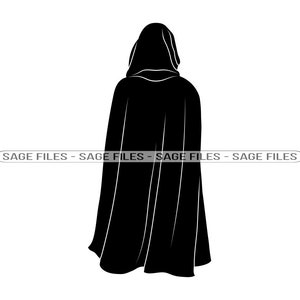 May include: A black silhouette of a person wearing a long hooded cloak.