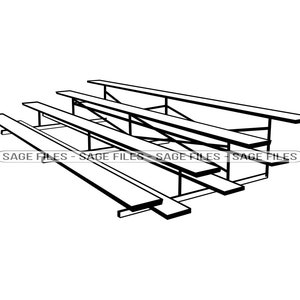 May include: Black and white line drawing of a set of metal bleachers with three tiers. The bleachers are empty and have a simple design.