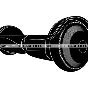 May include: Black and white silhouette of a self-balancing electric scooter. The scooter has two wheels and a platform for the rider to stand on.